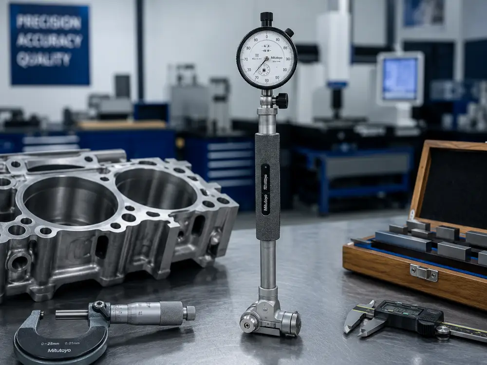 A Mitutoyo dial bore gauge beside an engine block, a micrometer, gauge blocks and a digital caliper on a steel bench