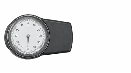 Dial caliper measuring the passing brand logos