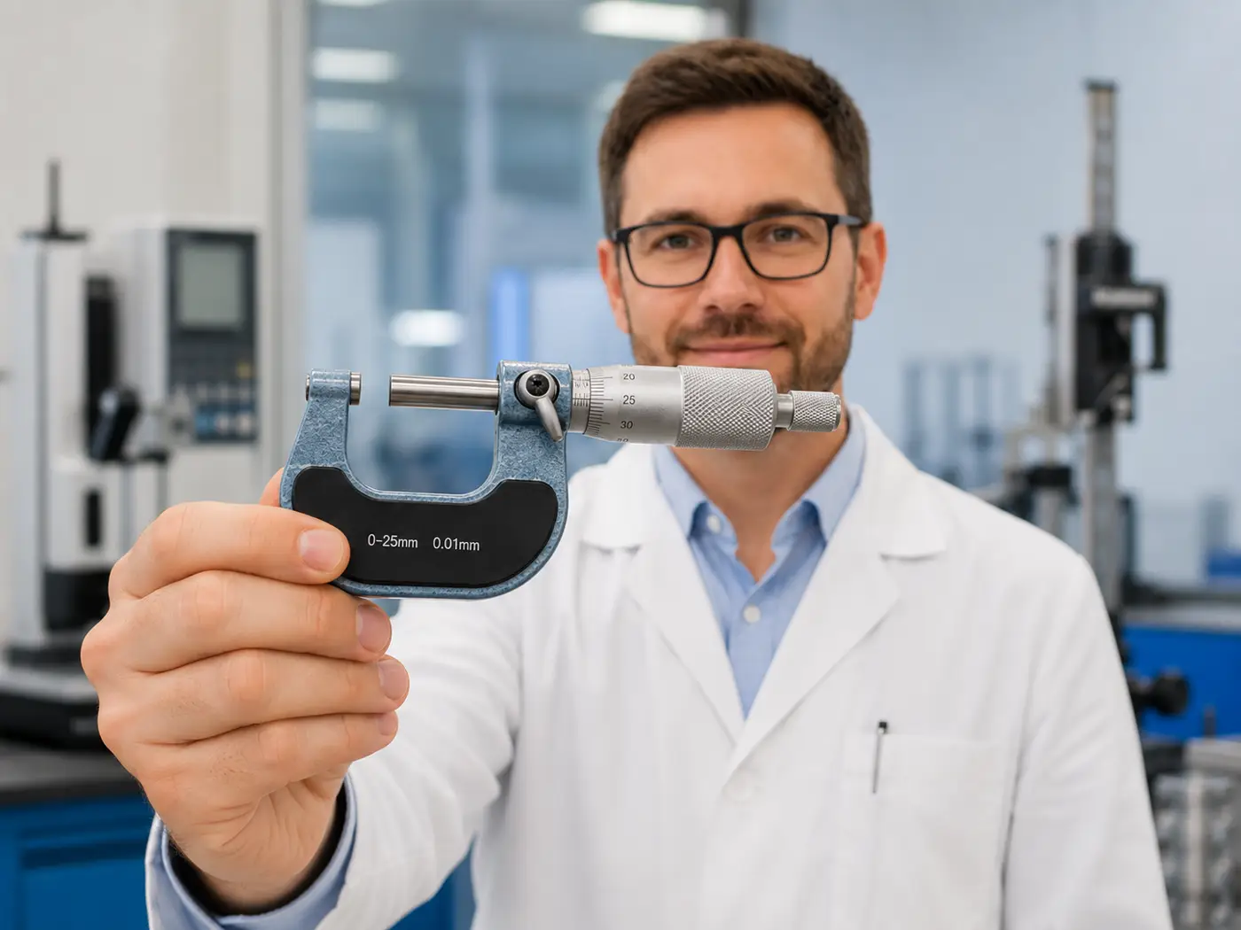 A technician checking a micrometer against a setting standard at the bench in the Precision Tool Works laboratory