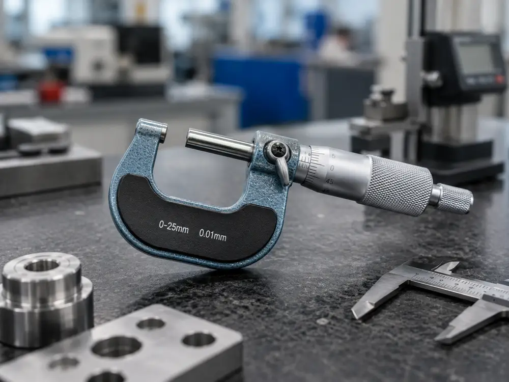 A 0&ndash;25&thinsp;mm micrometer on a granite surface plate with gauge blocks, a caliper and a height gauge