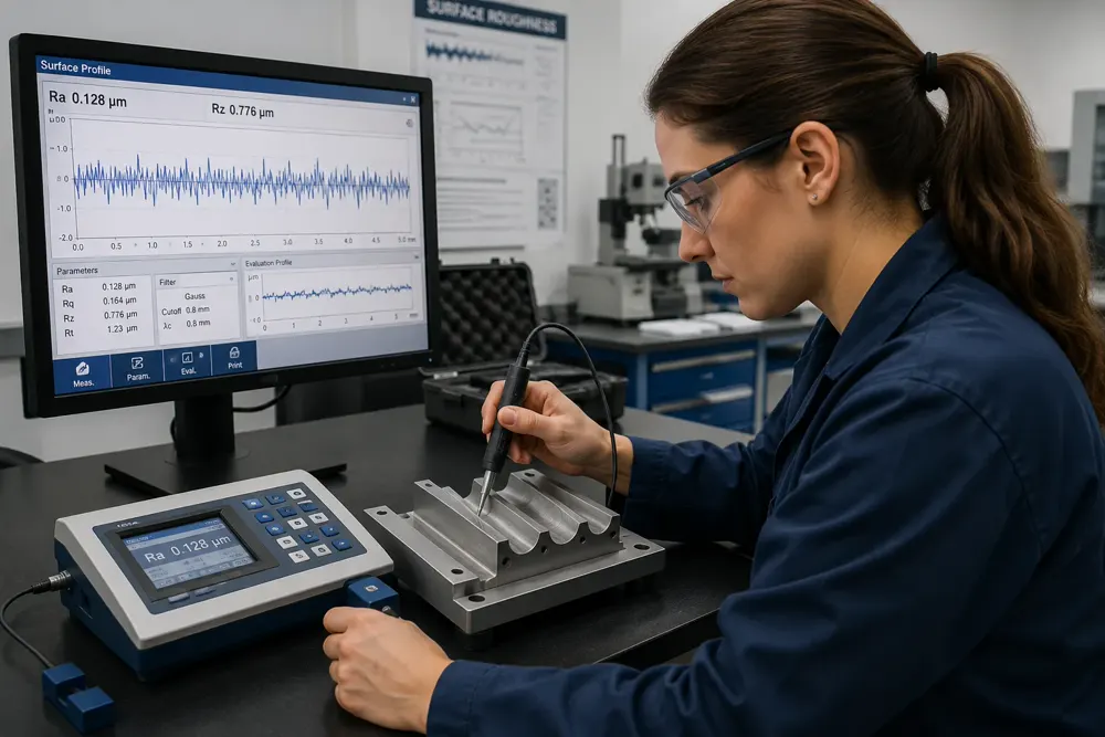A metrology technician drawing a profilometer stylus across a machined aluminium part, with the readout unit and a monitor showing the surface profile and Ra, Rq, Rz and Rt results