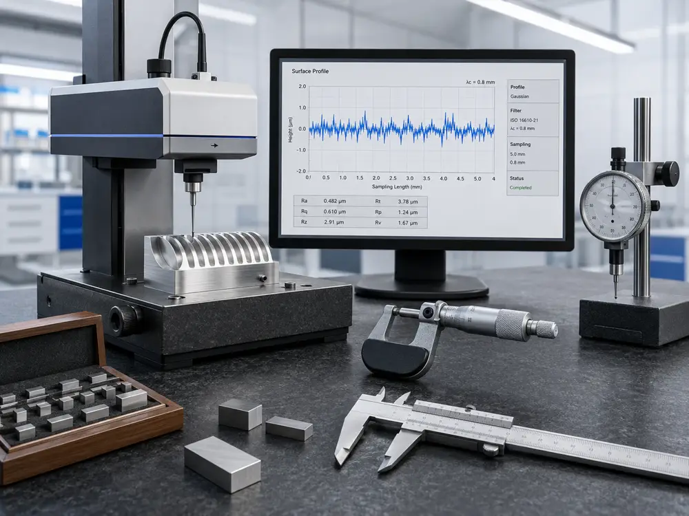 A surface-roughness tester displaying a surface profile, with gauge blocks, a micrometer, caliper and dial indicator on a granite plate
