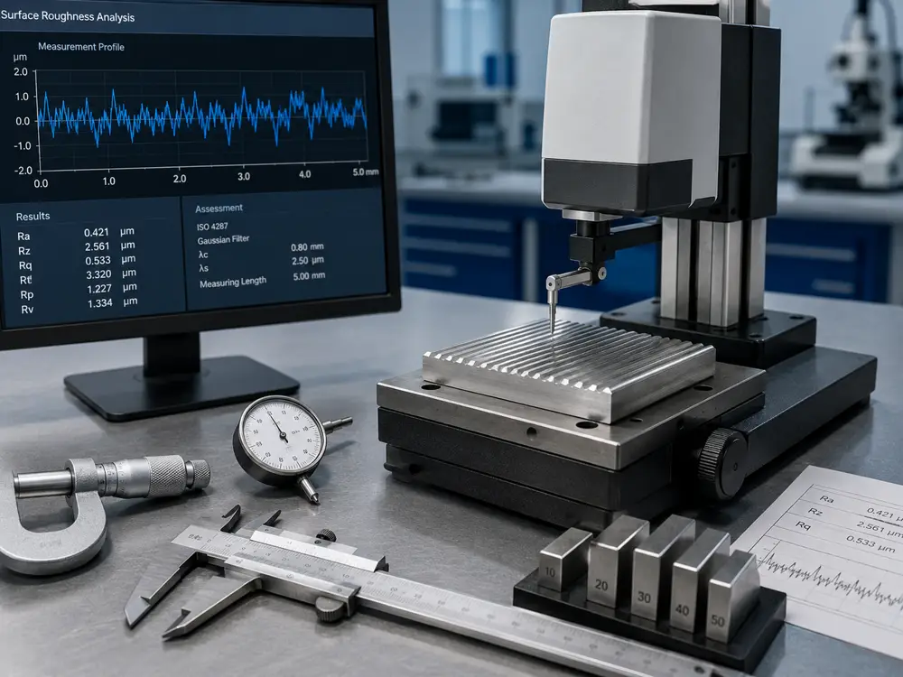 A surface-roughness analyser showing a measurement profile with Ra, Rz and Rq results, beside gauge blocks, a micrometer, caliper and dial indicator